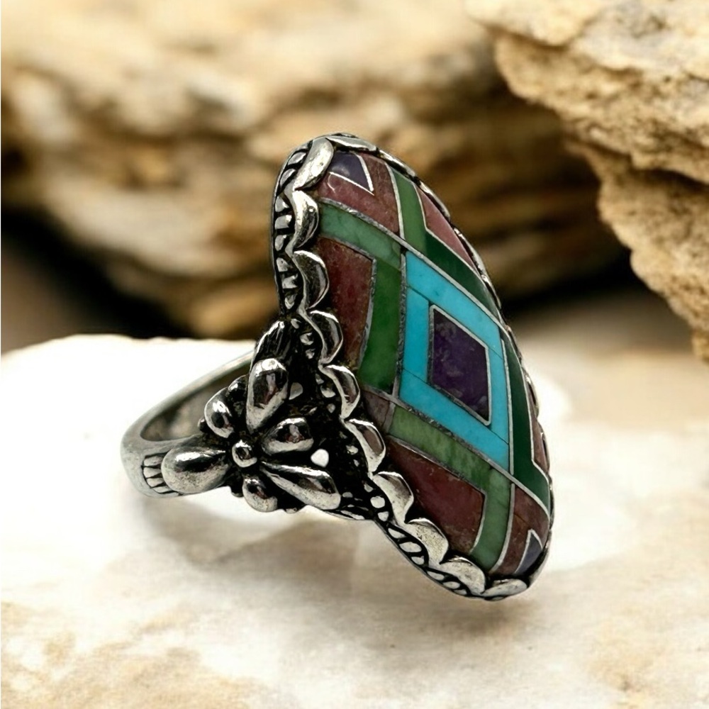 Carolyn Pollack Silver Ring with Turquoise and Purple Inlay - Picture 5 of 16